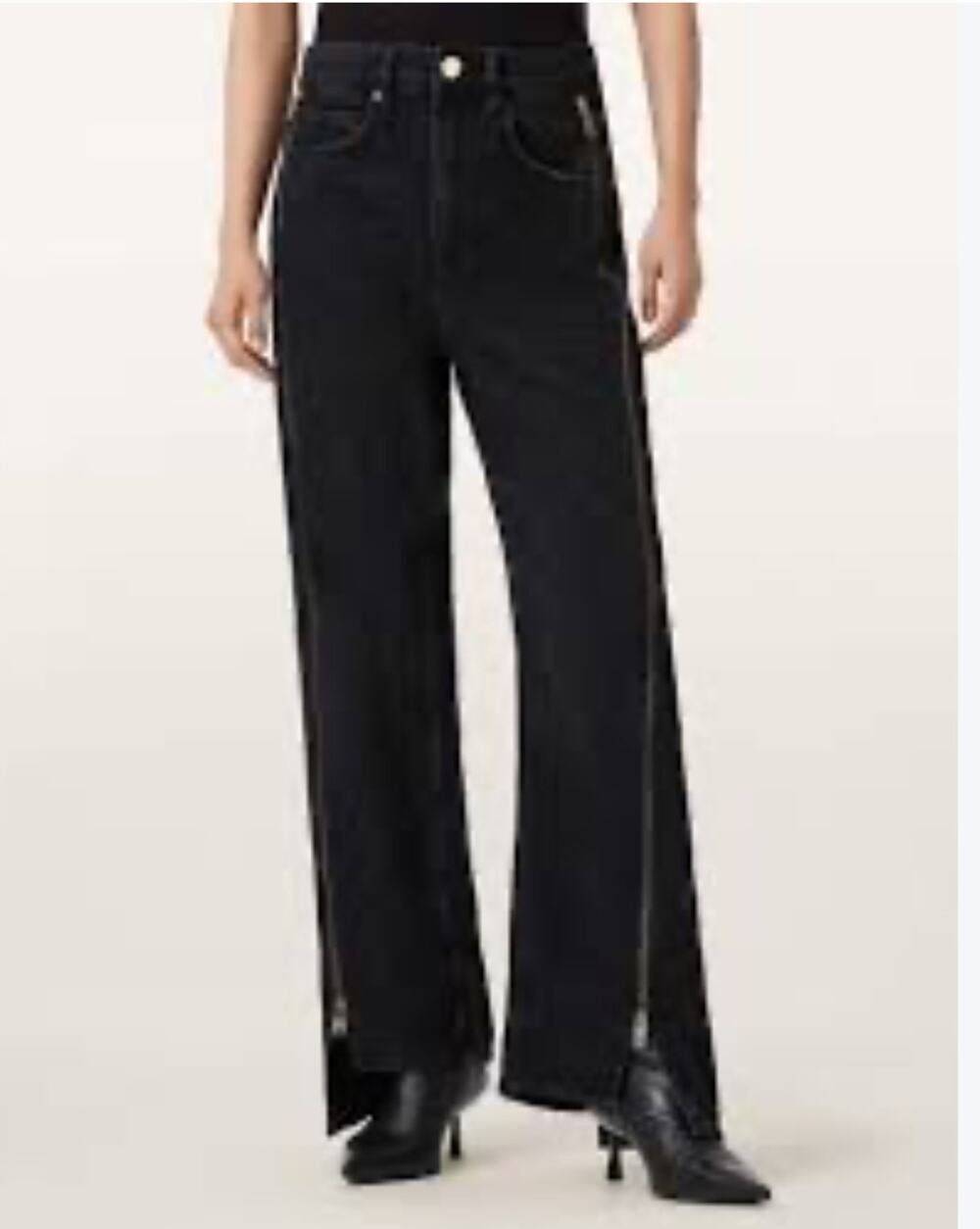 AllSaints Organic Cotton Frankie Wide Leg jeans 30 Black side zippers Edgy Goth